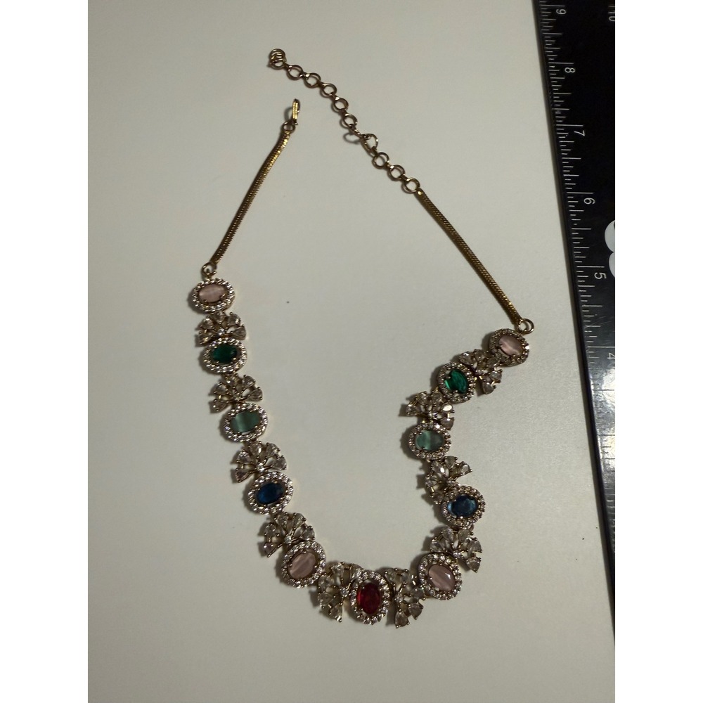 Multi Color Gemstone Crystal Statement Necklace Gold Tone Adjustable 18 Inch
